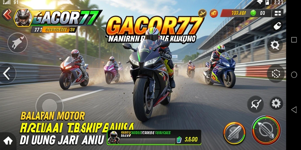 Tampilan gameplay seru GACOR77 dengan motor balap cepat.