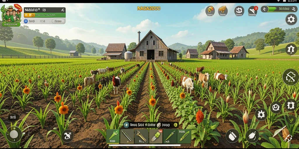 Screenshot gameplay NAGA2000 menampilkan kebun yang subur dan penuh warna.