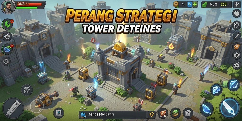 Gameplay RICIS77 menampilkan menara pertahanan yang megah dan pertempuran seru.