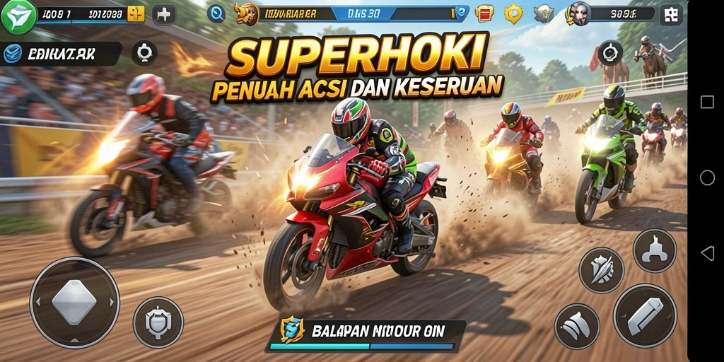 Gameplay menegangkan dari SUPERHOKI dengan balapan motor yang mendebarkan.